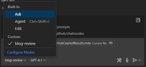 VS Code chat mode UI dropdown menu