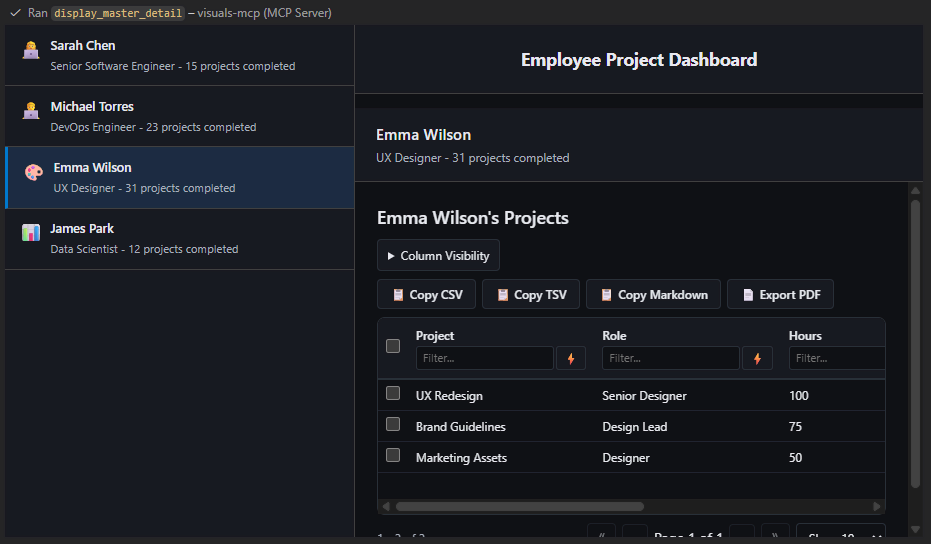 Master-Detail view with list on left and details on right